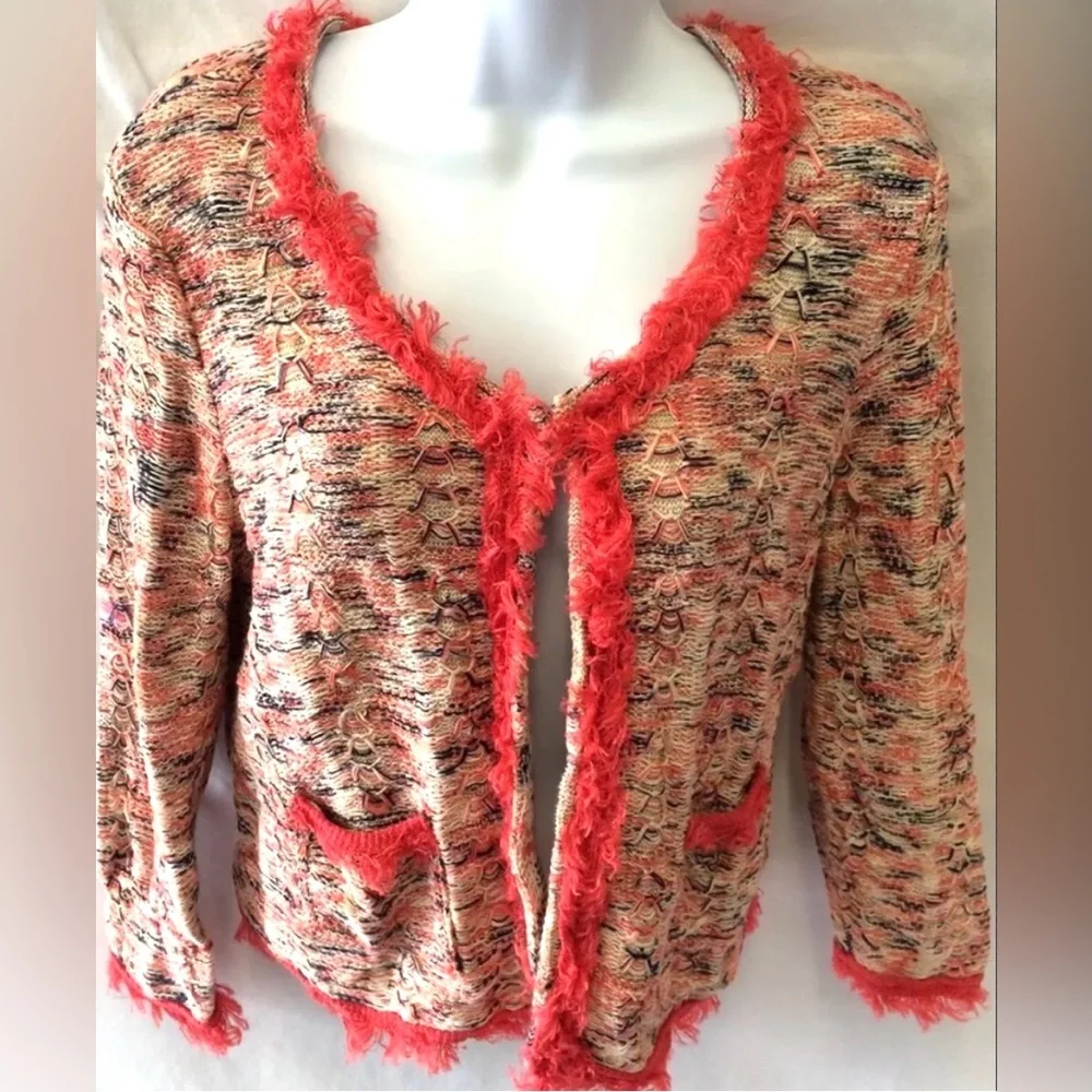 NIC & ZOE Sweater Linen Fringe Cardigan Sweater Petite Orany Red Large